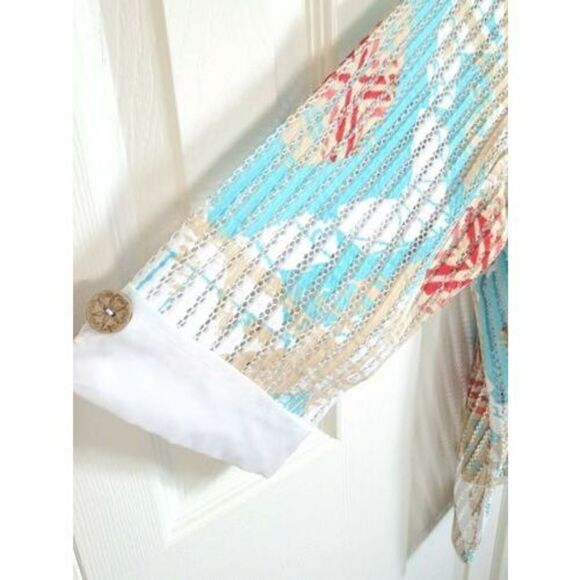 Multiples Women's Jacket Plus 2X Aqua-Tan-Red Multi Color Eyelet‎ Half Slv. NWOT - Picture 7 of 9